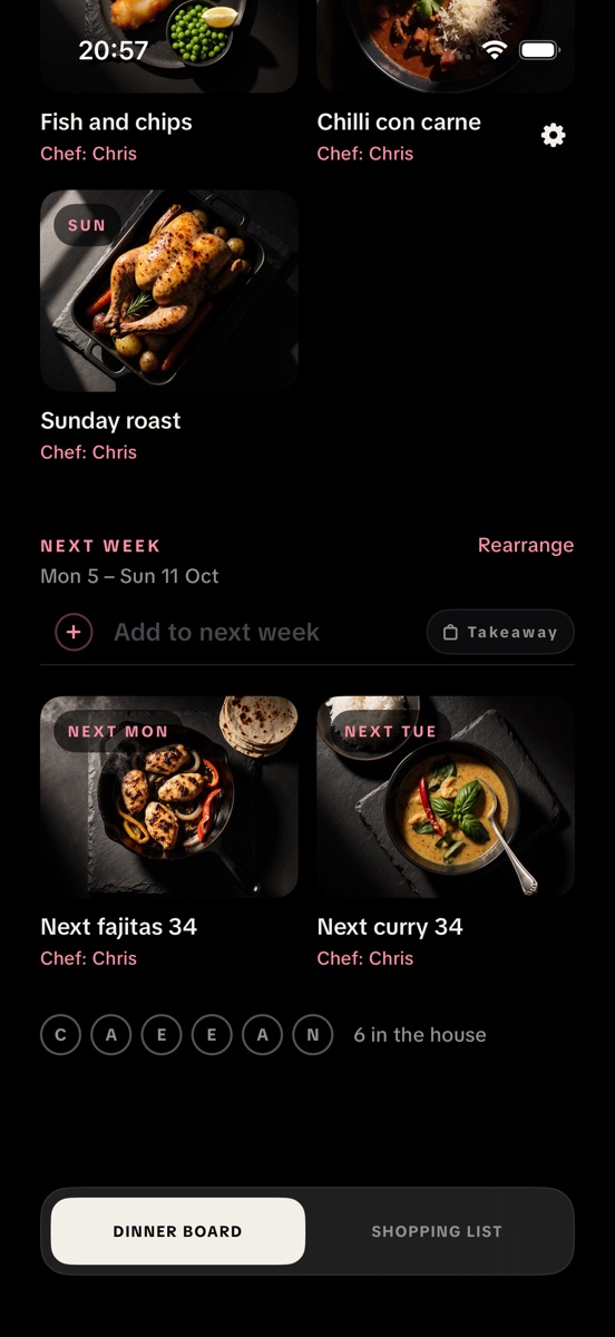 The week of dinners on the board, each with its photograph and who is cooking.